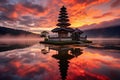 Pura Ulun Danu Bratan temple at sunset, Bali, Indonesia, Ulun Danu Bratan temple in Bali, Indonesia, AI Generated