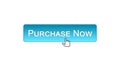 Purchase now web interface button clicked with mouse, blue color, marketing