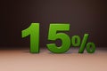 Purchase promo marketing 15 percent off discount, favorable loan offer green text number 3d render