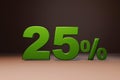 Purchase promo marketing 25 percent off discount, favorable loan offer green text number 3d render