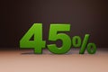 Purchase promo marketing 45 percent off discount, favorable loan offer green text number 3d render