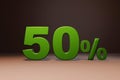 Purchase promo marketing 50 percent off discount, favorable loan offer green text number 3d render