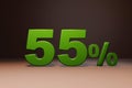 Purchase promo marketing 55 percent off discount, favorable loan offer green text number 3d render