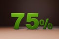 Purchase promo marketing 75 percent off discount, favorable loan offer green text number 3d render