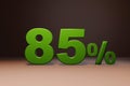 Purchase promo marketing 85 percent off discount, favorable loan offer green text number 3d render