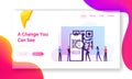 Purchase Quality Control Website Landing Page. Tiny People Characters Stand at Huge Smartphone Looking at Qr Code Royalty Free Stock Photo