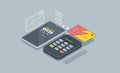 Purchase via POS terminal. Pay by credit card wirelessly. Banking payment cashier services. Isometric illustration