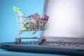 Daily purchases in the shopping cart on the laptop keyboard on a blue background. Shopping in online stores Royalty Free Stock Photo