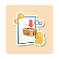 Purchasing management sticker illustration. Cart, gear, coin, plant, arrow. Editable vector graphic design.