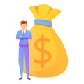Purchasing manager money bag icon, cartoon style