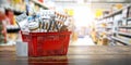 Purchasing medicines in pharmacy drugstore. Shopping basket full of medicines, pills and blisters