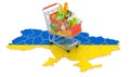 Purchasing power in Ukraine concept. Shopping cart with Ukrainian map, 3D rendering