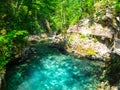 Pure blue water of Radovna river in Vintgar Gorge. Natural waterfalls, pools and rapids and tourist wooden path Royalty Free Stock Photo