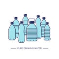 Pure drinking water. Line vector illustration of a group of plastic bottles