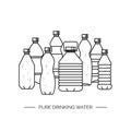 Pure drinking water. Line vector illustration of a group of plastic bottles.
