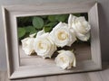 Pure Elegance. White Roses Adorning a Wooden Canvas