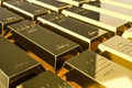 Pure gold bars on rich background of wealth from trading profits of fast growing businesses. Contracting profit in stock market