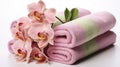 Pure Harmony. Orchid flower and towel rolls, isolated on white. Generative AI Royalty Free Stock Photo