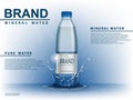 Pure mineral water ad, plastic bottle with water drop elements on blue background. Transparent Drinking water Bottle