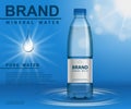 Pure mineral water ad, plastic bottle with water drop elements on blue background. Transparent container mockup, with Royalty Free Stock Photo