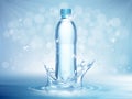 Pure mineral water, plastic bottle in the middle and flying water drop elements on blue background