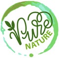 Pure nature, eco-friendly, organic logo design. Green abstract sign with leaves and lettering Royalty Free Stock Photo