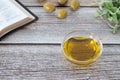 Pure olive oil in a glass container, olives, green branch, and an open Holy Bible Book on a wooden table Royalty Free Stock Photo