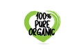 100% pure organic text word with green love heart shape icon