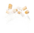 Pure Refined Sugar cane cube flying explosion, yellow chop sugarcane abstract cloud fly. Pure refined sugar sugarcane cut cubes Royalty Free Stock Photo