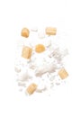 Pure Refined Sugar cane cube flying explosion, yellow chop sugarcane abstract cloud fly. Pure refined sugar sugarcane cut cubes Royalty Free Stock Photo