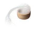 Pure refined Sugar in wooden bowl flying spinning, white crystal sugar fall abstract fly. Pure refined sugar swirl in air, food