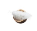 Pure refined Sugar in wooden bowl flying spinning, white crystal sugar fall abstract fly. Pure refined sugar swirl in air, food Royalty Free Stock Photo