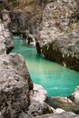 Pure river soca flowing in canyon gorge, julian alps, slovenia Royalty Free Stock Photo