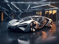 silver and glass digital car in garage, design future style modern, generative ai