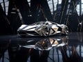 silver and glass digital car in garage, design future style modern, illustration, generative ai