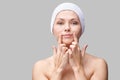 Pure skin care mature beauty portrait. Cosmetology plastic foundation