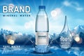 Pure sparkling water ad, plastic bottle with splash on snow with mountain background. Transparent Drinking water liquid Royalty Free Stock Photo