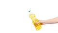 Pure sunflower oil in plastic bottle. Seasoning for salads Royalty Free Stock Photo