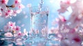 Pure water pouring in to glass over blossoming cherry background. Water splash in glass Royalty Free Stock Photo