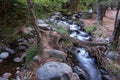 Pure water stream flowing over rocky mountain terrain in the Kakopetria forest,  Troodos, Cyprus Royalty Free Stock Photo