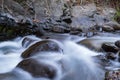 Pure water stream with smooth flow over rocky mountain terrain in the Kakopetria forest in Troodos, Cyprus Royalty Free Stock Photo