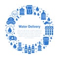 Pure water vector circle banner with flat glyph icons. Aqua filter, potable liquid, glass, office cooler vector