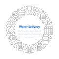 Pure water vector circle banner with flat line icons. Aqua filter, potable liquid, glass, office cooler vector