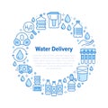 Pure water vector circle banner with flat line icons. Aqua filter, potable liquid, glass, office cooler vector