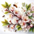 Delicate apple tree blossom in spring, a bee collects pollen, close-up. Generative AI.