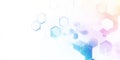 A pure white background with a series of geometric hexagons arranged in an abstract pattern. The