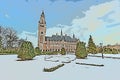 Pure white snow falling on the Peace Palace illustration