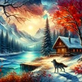 A pure wonder fantasy mountain, with a cabin, wolf and the beautiful lake in distance, autumns colors, changing seasons, wallpaper