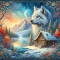 A pure wonder wolf fantasy mountain, with a cabin and frozen lake in distance, layer of delicate snow, changing seasons, wallpaper