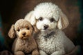 purebred breed portrait curly puy little poodles with soft toy